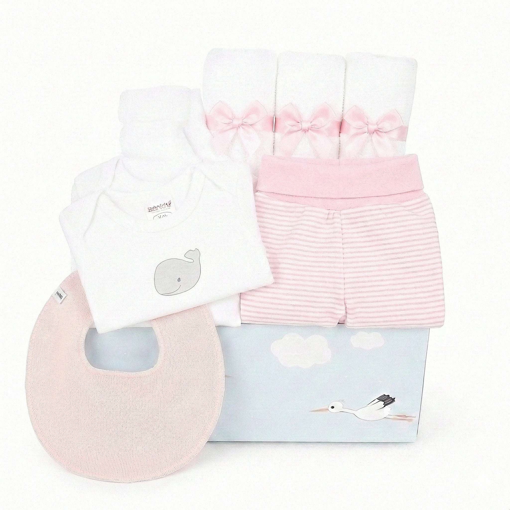 Basic Baby Box für Mädchen: Großes Geschenkset mit rosa Hose, Pippi Halstuch und Storch-Verpackung.