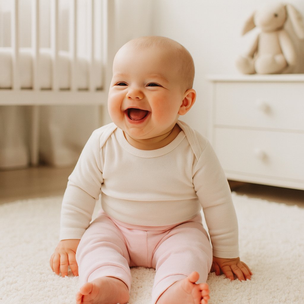 Rosa Baby Corner Babyhose am lachenden Baby im Kinderzimmer – weiche Baumwolle, bequemes Bündchen und gute Passform; perfekt für den Alltag, Baby-Erstausstattung und als Geschenk zur Geburt.