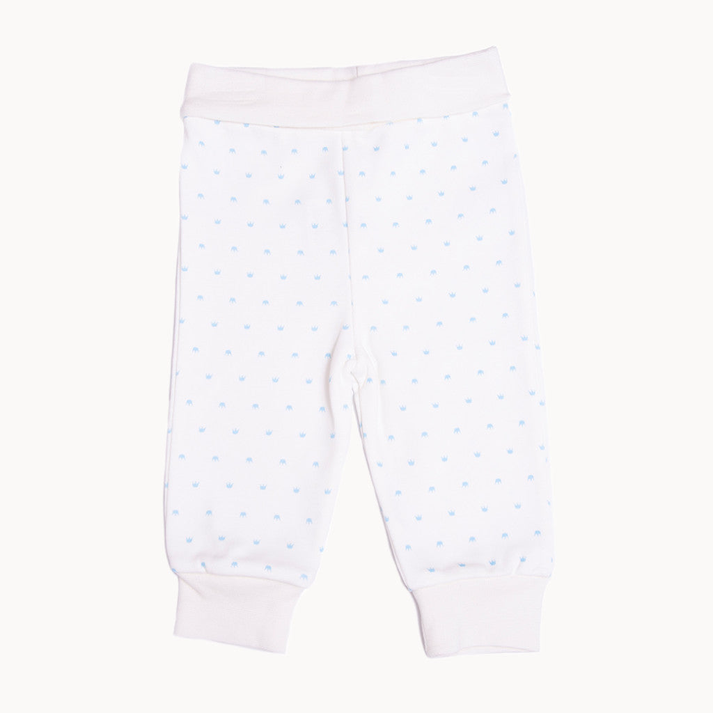 Baby Corner Babyhose weiß mit hellblauem Krönchen-Print aus 100% Baumwolle – weiche Hose mit elastischem Bund und Bündchen; Größe 56–62, hautfreundlich und ideal für die Erstausstattung.