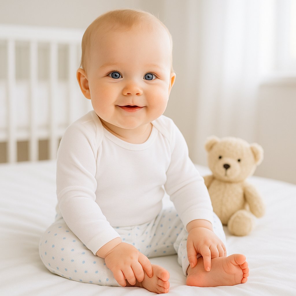 Baby sitzt auf hellem Bett und trägt weiße Baby Corner Hose mit blauem Krönchen-Print – atmungsaktive Baumwolle, Größe 56–62; bequem für Alltag und Spielzeit, süßer Look mit Teddy im Hintergrund.