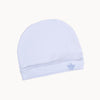 Baby Corner Babymütze blau aus 100% Baumwolle – weiche Erstlingsmütze mit Umschlag und kleiner Krone-Stickerei; One Size, sanft zur Neugeborenenhaut.