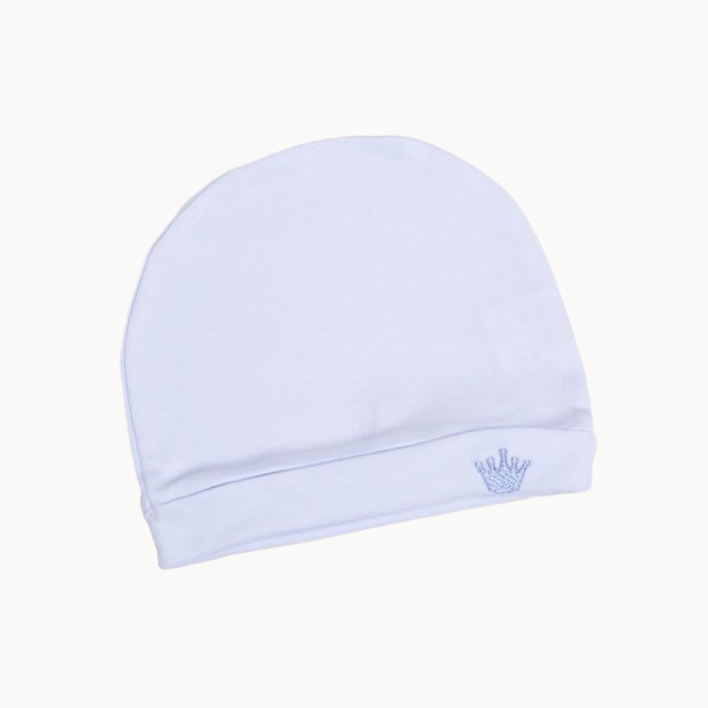 Baby Corner Babymütze blau aus 100% Baumwolle – weiche Erstlingsmütze mit Umschlag und kleiner Krone-Stickerei; One Size, sanft zur Neugeborenenhaut.
