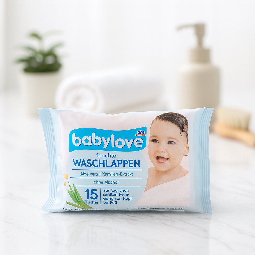 Packung Babylove feuchte Waschlappen im Bad-Ambiente; alkoholfrei, augenmild und reißfest mit Aloe Vera und Kamillen-Extrakt – 15 Stück für die sanfte Babypflege im Alltag und auf Reisen.