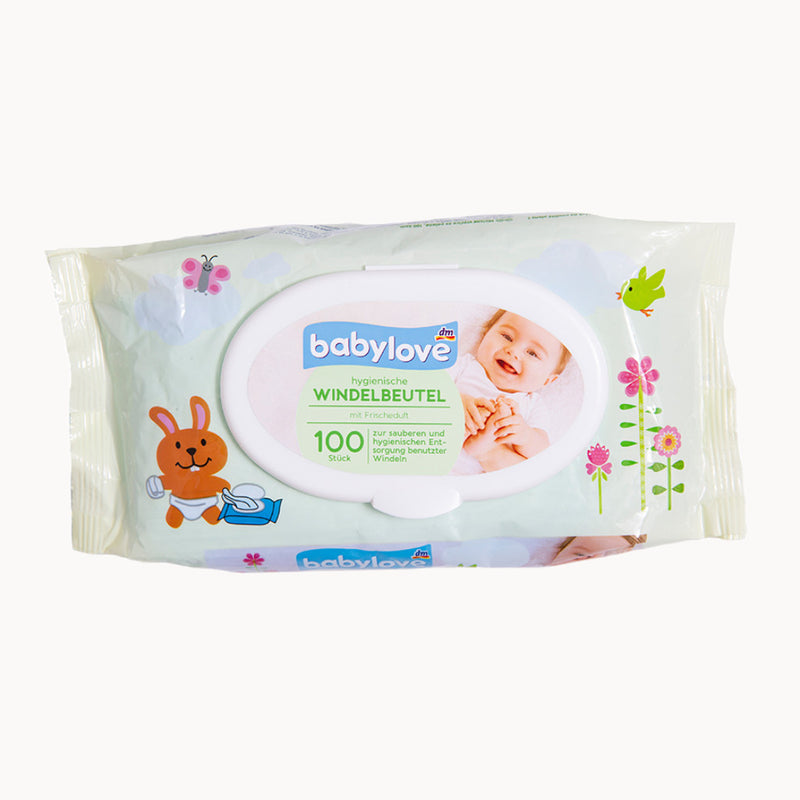 babylove Windelbeutel 100 Stück mit Frischeduft – hygienische Entsorgung benutzter Windeln; ideal für zuhause und unterwegs, passende Ergänzung zur Babyerstausstattung.
