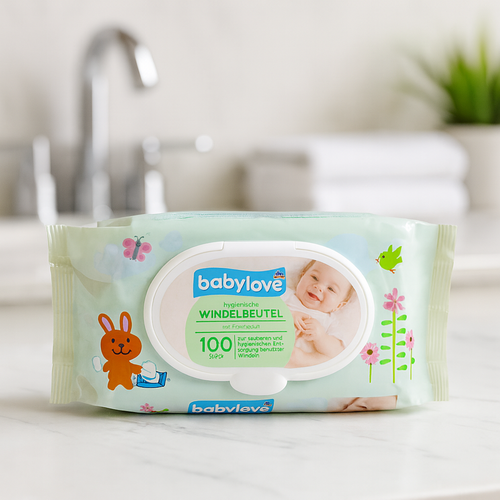 babylove Windelbeutel 100 Stück im hellen Badezimmer auf Marmorfläche – praktische Beutel mit Frischeduft für saubere Windelentsorgung; nützlich im Wickelbereich und als Ergänzung zur Baby Box.