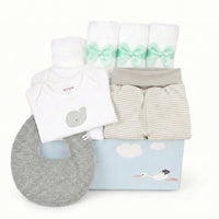 Basic Baby Box Neutral: Unisex Geschenkset mit beige gestreifter Hose, grauem Halstuch, Wal-Body und Storch-Verpackung.