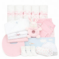 Deluxe Baby Box Mädchen: Luxus Geschenkset mit Julius Zöllner Decke rosa, 4 Bodys, Maximo Hase und Erstausstattung
