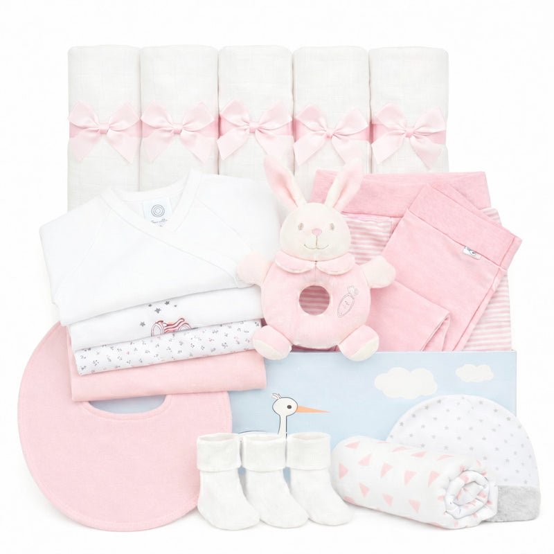 Deluxe Baby Box Mädchen: Luxus Geschenkset mit Julius Zöllner Decke rosa, 4 Bodys, Maximo Hase und Erstausstattung