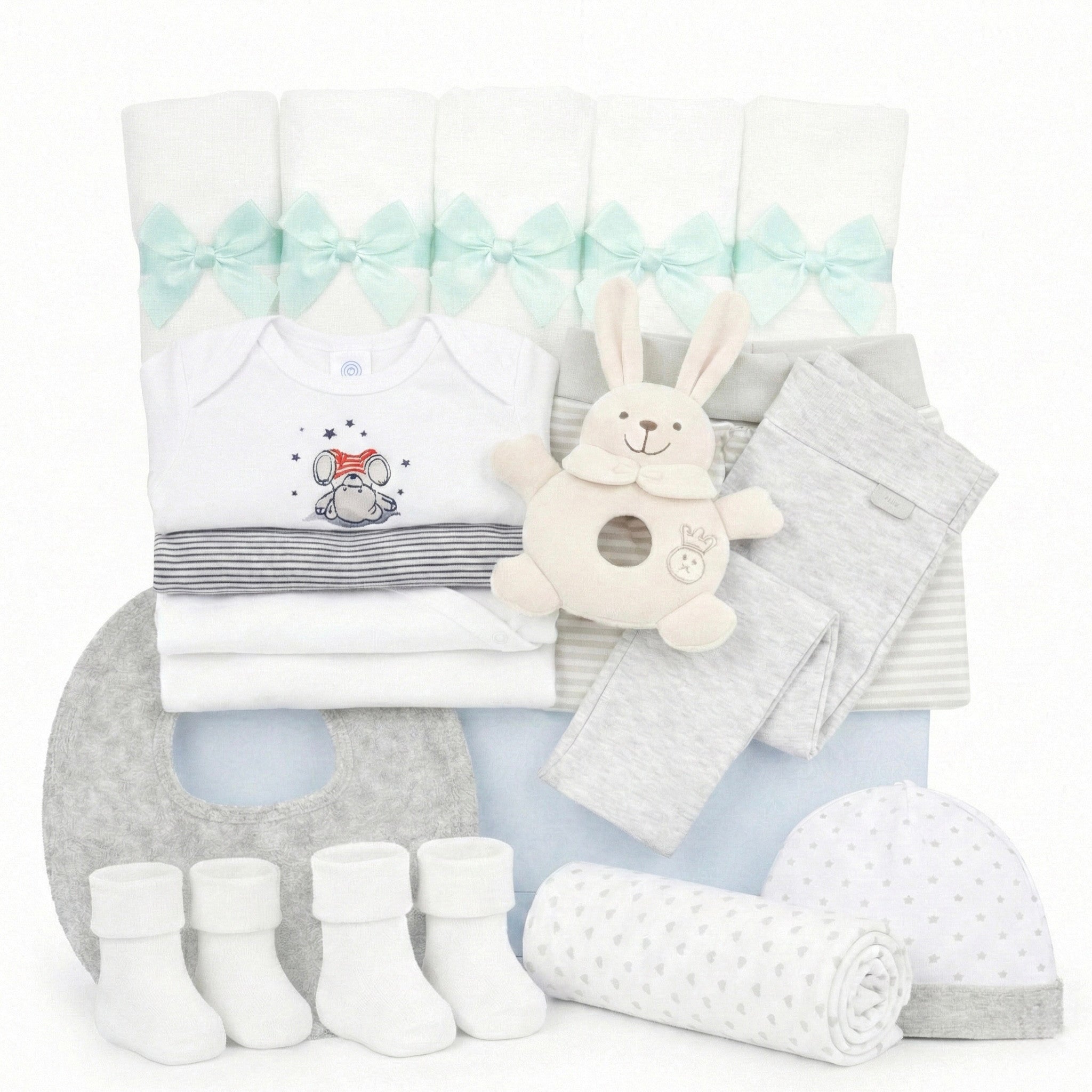 Deluxe Baby Box Neutral: Luxus Unisex Geschenkset mit Julius Zöllner Decke weiß, 4 Bodys, Maximo Hase Natur und Erstausstattung