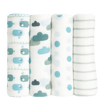 Emma & Noah Mullwindeln (4er-Pack) weiß/blau, Musselin 80×80 cm – weiche, saugfähige Spucktücher aus 100% Baumwolle für Neugeborene, Babyerstausstattung, schönes Geschenk zur Geburt.