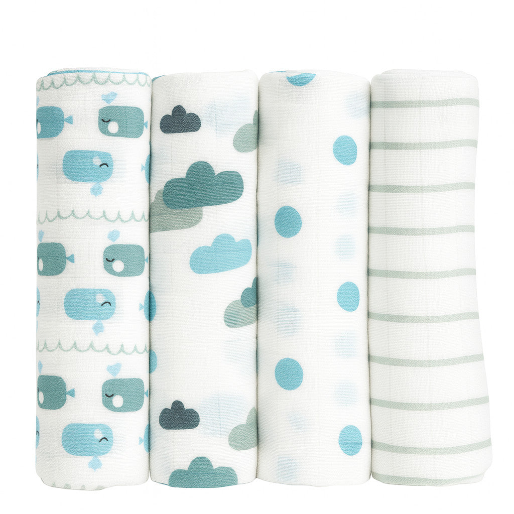 Emma & Noah Mullwindeln (4er-Pack) weiß/blau, Musselin 80×80 cm – weiche, saugfähige Spucktücher aus 100% Baumwolle für Neugeborene, Babyerstausstattung, schönes Geschenk zur Geburt.