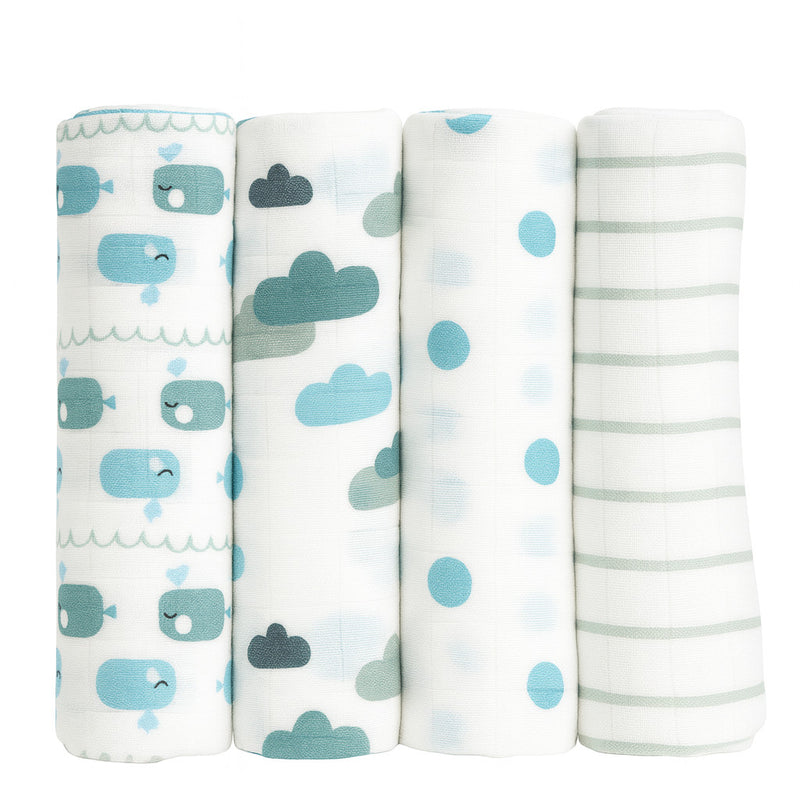 Emma & Noah Mullwindeln (4er-Pack) weiß/blau, Musselin 80×80 cm – weiche, saugfähige Spucktücher aus 100% Baumwolle für Neugeborene, Babyerstausstattung, schönes Geschenk zur Geburt.