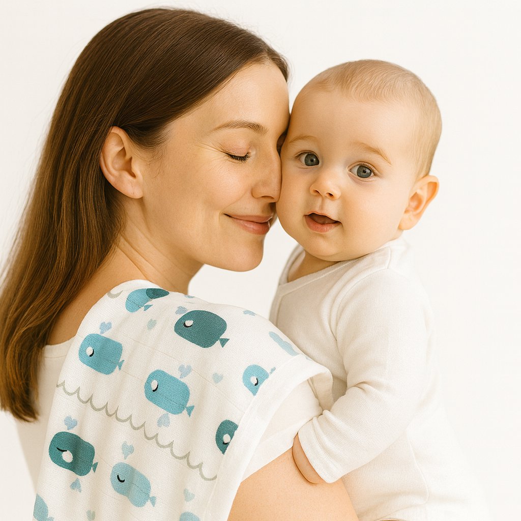 Mama mit Baby, auf der Schulter Mullwindel mit Wal- und Wolken-Print (Emma & Noah, 80×80 cm) – kuscheliges Spucktuch fürs Stillen und unterwegs, ideales Geburtsgeschenk, passt perfekt in die Baby Box.