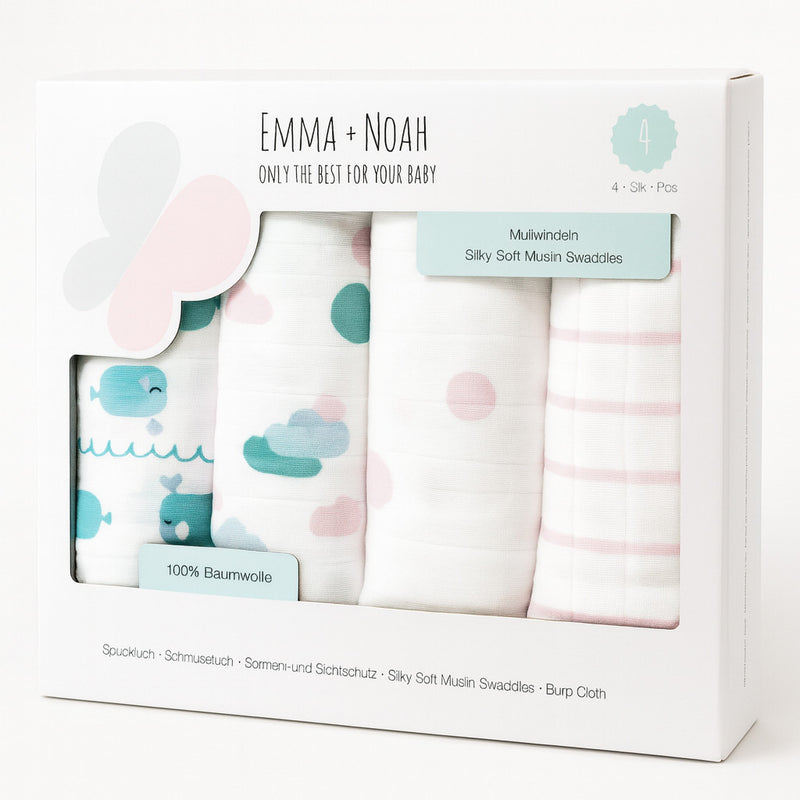 Emma & Noah Mullwindeln 4er-Pack, 100% Baumwolle (Musselin), je 80×80 cm, weiß mit Wal-, Wolken-, Punkte- & Streifen-Print – weiche Spuck- & Schmusetücher, ideal für Babybox und Babyerstausstattung.