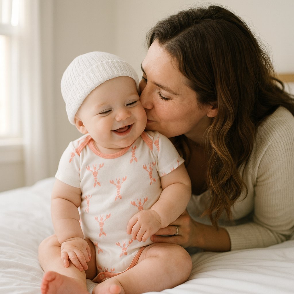 Mutter küsst ihr lachendes Baby im coral-pinken Fresk Kurzarmbody mit Hummer-Print; weiche Bio-Baumwolle, bequem für den Alltag – liebevolle Szene im hellen Schlafzimmer.