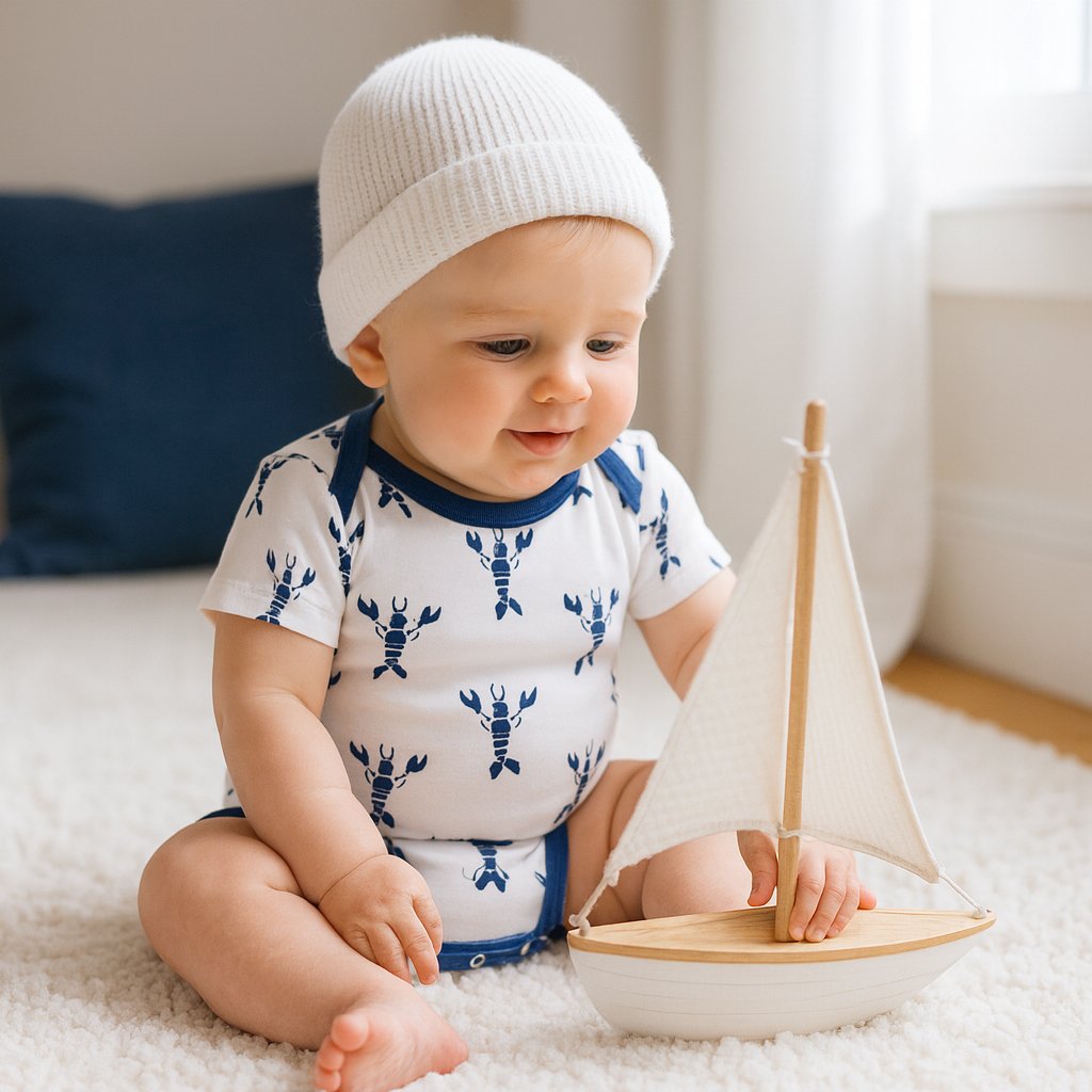 Baby sitzt im hellen Zimmer und spielt mit Holz-Segelboot, trägt indigo-blauen Fresk Kurzarm-Body mit Hummer-Print – atmungsaktive Bio-Baumwolle, Größe 50–56; maritimer Look für Alltag und Spielzeit.