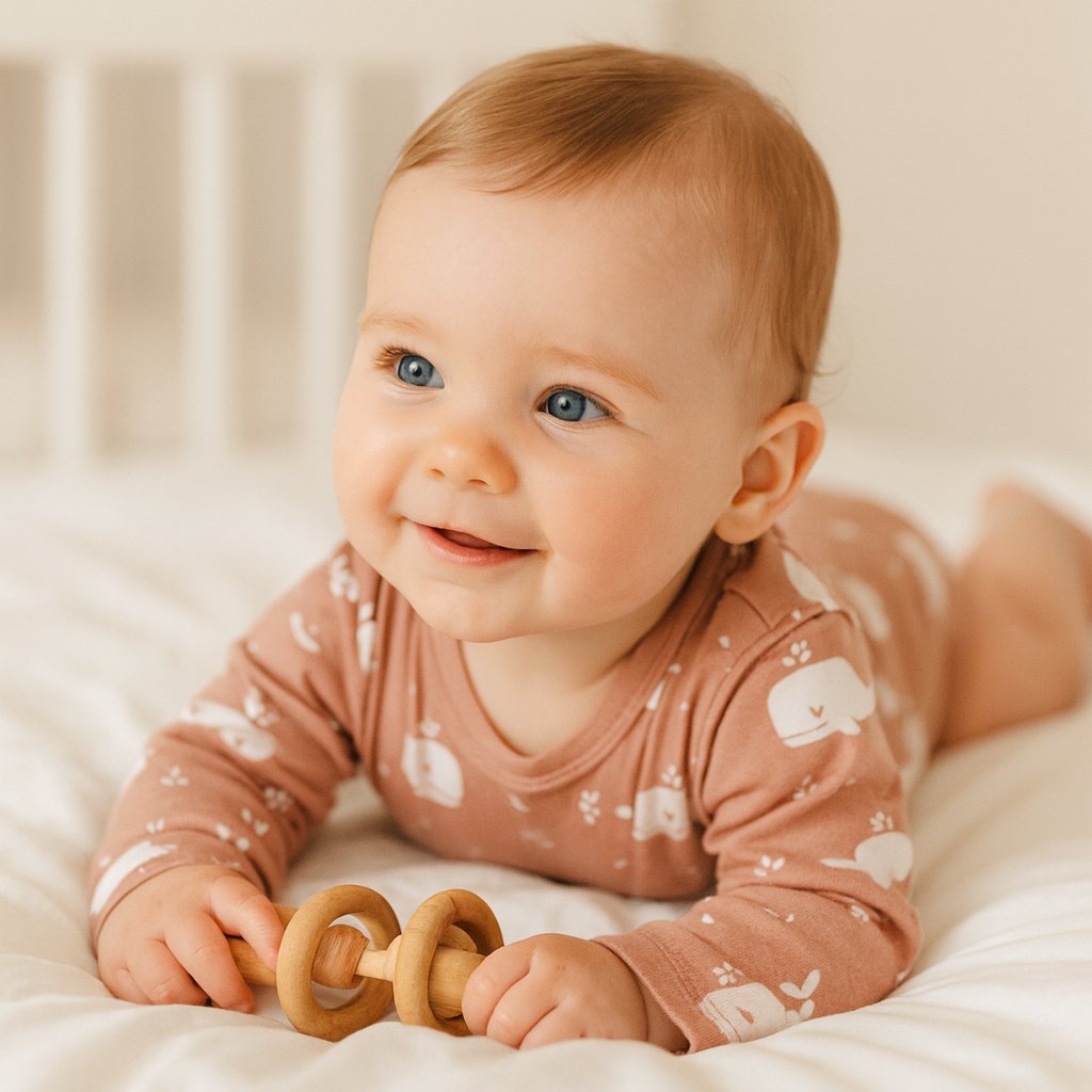 Baby trägt mellow-rose Fresk Langarm-Body mit Wal-Print und liegt fröhlich in Bauchlage auf hellem Bett – kuschelige Bio-Baumwolle, Größe 50–56; bequem für Alltag und Spielzeit.