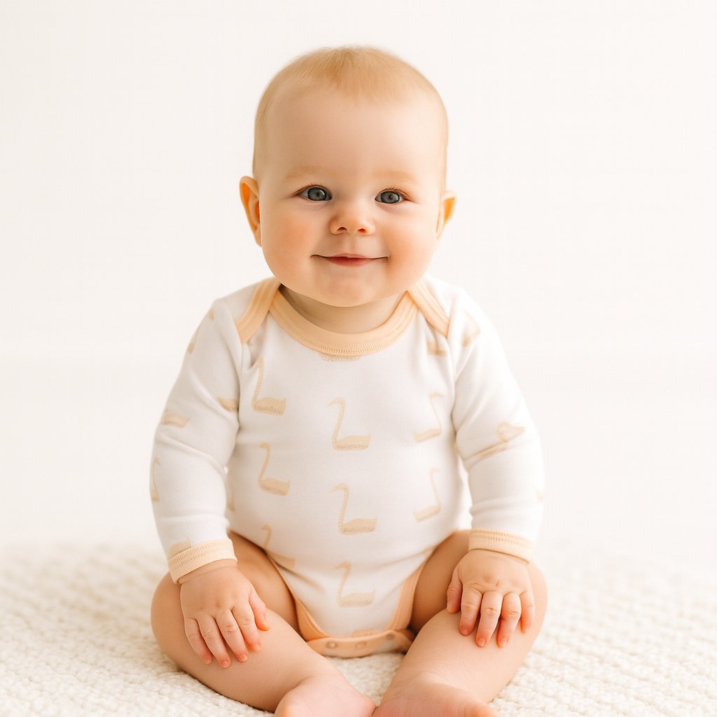 Weißer Fresk Langarm-Body mit Schwanenmotiv am Baby, sitzend im hellen Babyzimmer – aus 100% Bio-Baumwolle, bequem und alltagstauglich; sanfte Farben, unisex; schönes Geschenk zur Geburt und vielseitig kombinierbar.