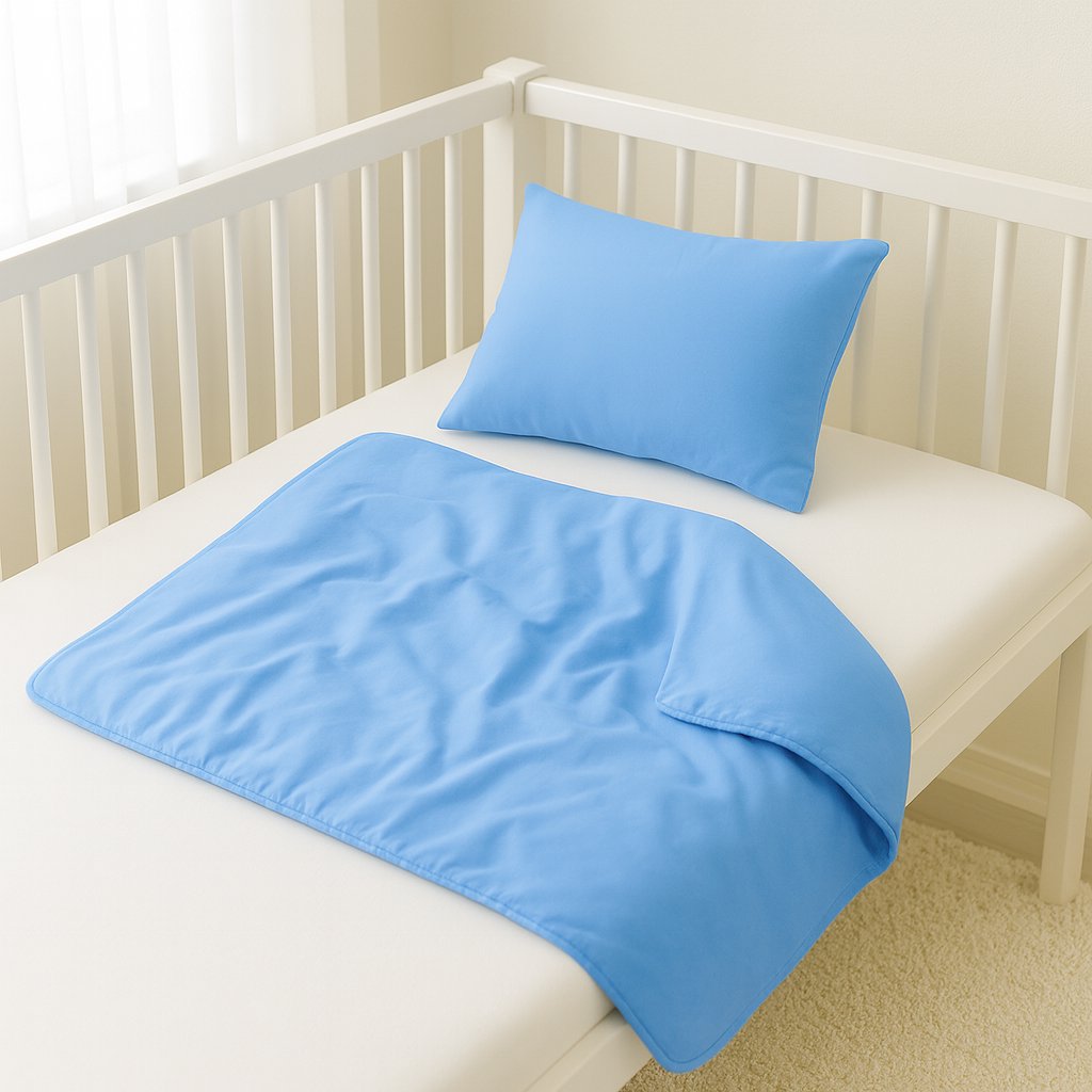 Blaues Julius Zöllner Babybettwäsche-Set (80×80/35×40) im weißen Gitterbett – weiche Baumwolle, ideal für Babybett und Erstausstattung.