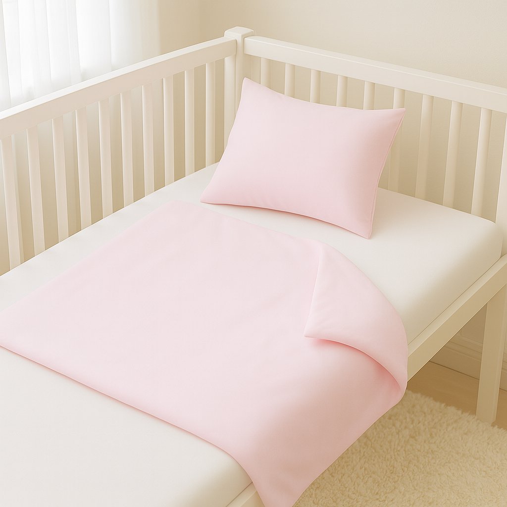 Rosa Julius Zöllner Babybettwäsche (80×80 cm Decke, 35×40 cm Kissen) im Kinderbett – sanfte Baumwolle, geeignet für Neugeborene.