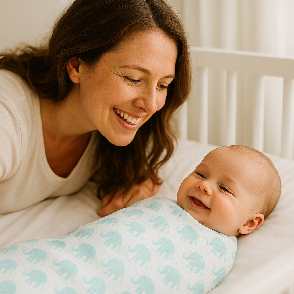 Lächelndes Baby im Gitterbett, eingewickelt in Julius Zöllner Musselin-Swaddle weiß/mint mit Elefanten-Print, 120×120 cm; Mutter beugt sich liebevoll darüber.