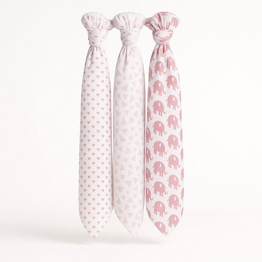 Drei Musselin Swaddle-Tücher von Julius Zöllner, 120×120 cm, weiß/rosa mit Herz-, Dreieck- und Elefanten-Print, nebeneinander aufgehängt – ideal für Erstausstattung/Geschenk zur Geburt.