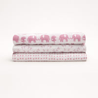Julius Zöllner Swaddle-Tücher, 3er-Pack Musselin aus 100 % Baumwolle, 120×120 cm, weiß/rosa mit Elefanten-, Dreieck- und Herz-Print – gefaltetes Set.