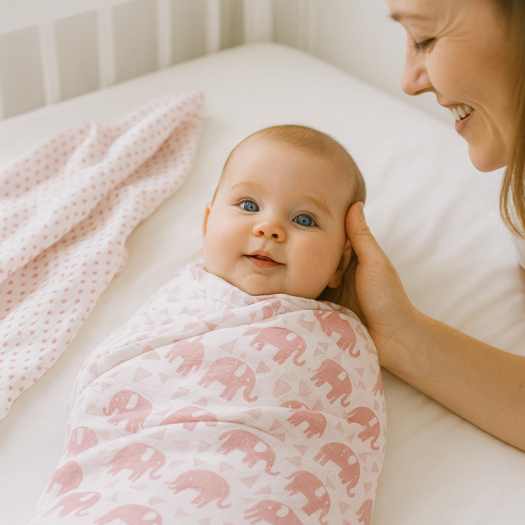 Baby liegt im Gitterbett eingewickelt in Julius Zöllner Musselin-Swaddle, weiß/rosa mit Elefanten-Print, 120×120 cm; Mutter streichelt sanft den Kopf – ideal zur Erstausstattung.