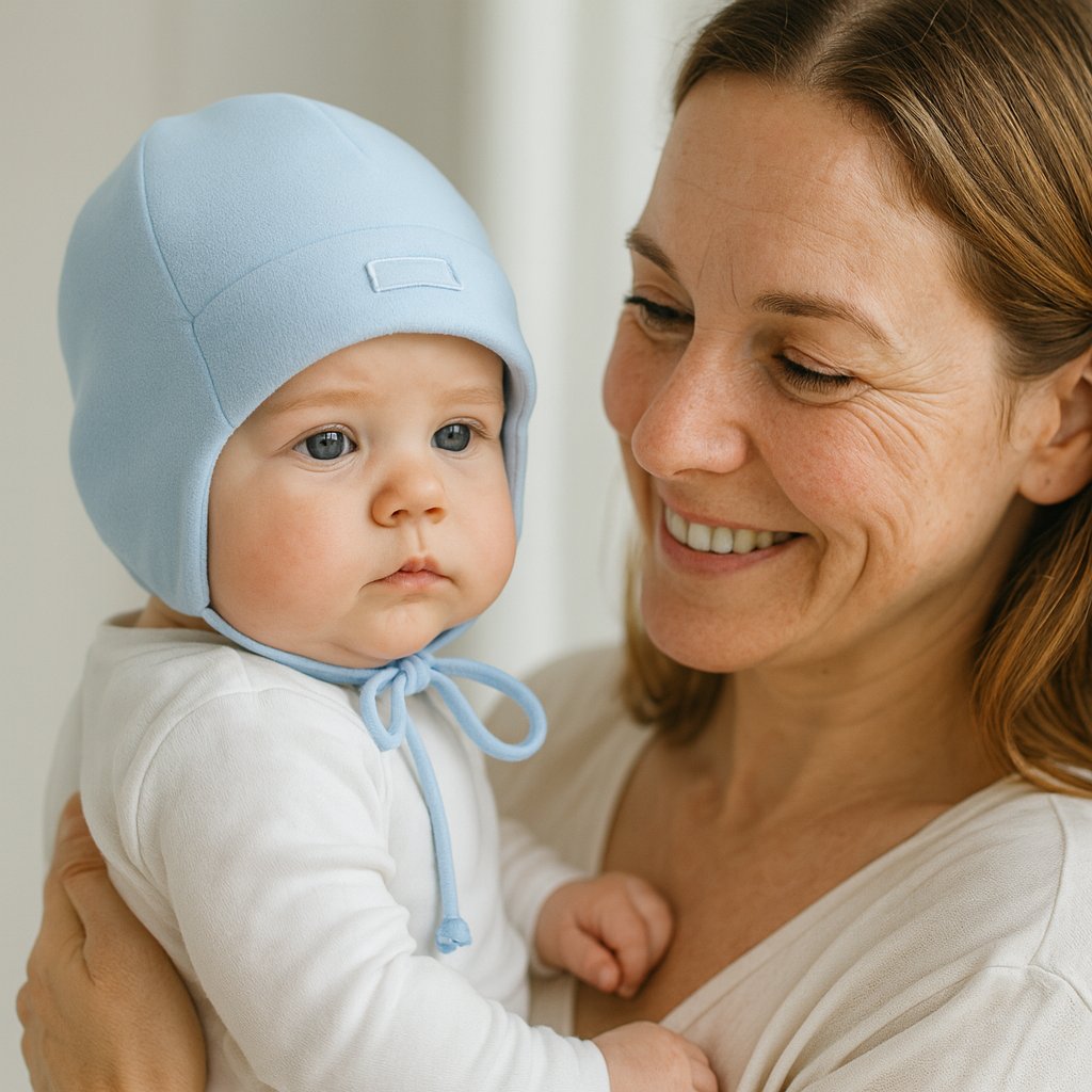 Baby trägt blaue Maximo Mütze (37 cm) mit Bindeband, weiche Baumwollmischung – warme Kopfbedeckung für Neugeborene; passt in Baby Box, Geschenk zur Geburt.