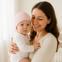 Baby auf dem Arm trägt rosa Maximo Babymütze (37 cm) mit Bindeband – kuschelige Kopfbedeckung aus Baumwolle, ideal für draußen.