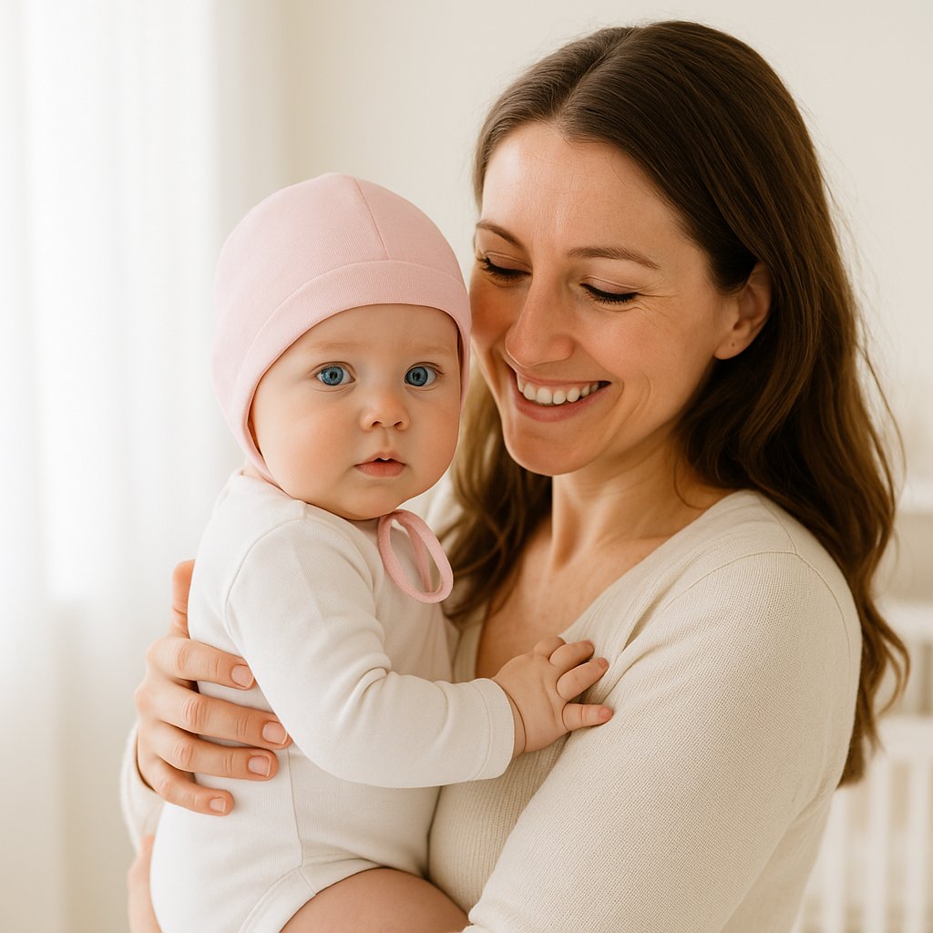 Baby auf dem Arm trägt rosa Maximo Babymütze (37 cm) mit Bindeband – kuschelige Kopfbedeckung aus Baumwolle, ideal für draußen.