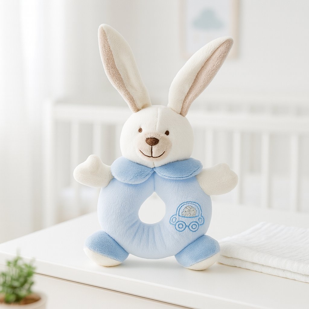 Blauer Maximo Greifring Hase im hellen Kinderzimmer – weiches Babyspielzeug, perfekte Ergänzung zur Erstausstattung.