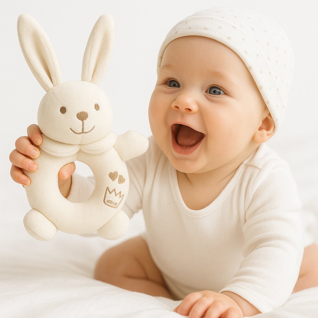 Lachendes Baby mit weißem Maximo Greifring Hase – kuscheliges Greifspielzeug aus Polyester, Geschenk zur Geburt.