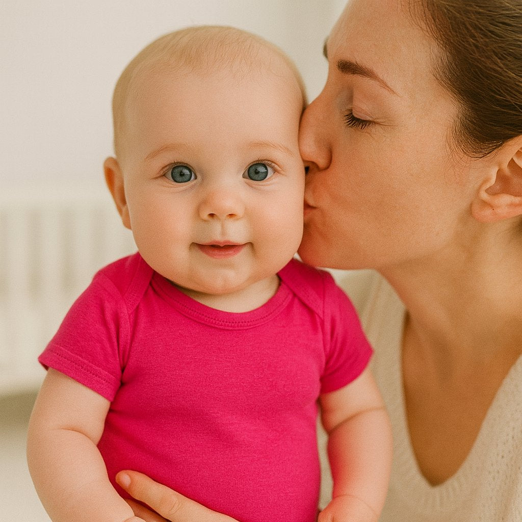 Rosa Name it Kurzarm-Babybody am Baby, Nahaufnahme mit Mama-Kuss – weiches Baumwoll-Basic für den Alltag, hautfreundlich und bequem; schönes Geschenk zur Geburt.