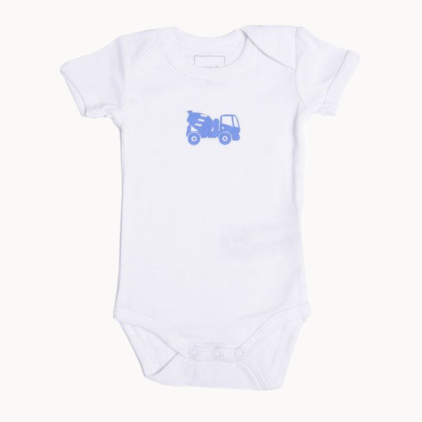 Name it Babybody kurzarm weiß mit blauem Betonmischer-Print aus 100% Baumwolle – weicher Kurzarm-Body mit Schlupfausschnitt und Druckknöpfen im Schritt, Größe 56; hautfreundlich und ideal für die Erstausstattung.