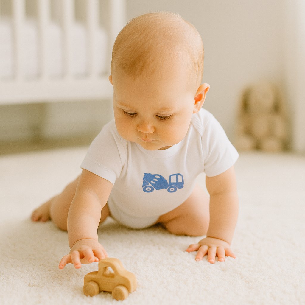 Baby im weißen Name it Kurzarm-Body mit blauem Betonmischer-Print krabbelt und spielt mit Holzauto – atmungsaktive Baumwolle, Größe 56; pflegeleicht und bequem für den Alltag.
