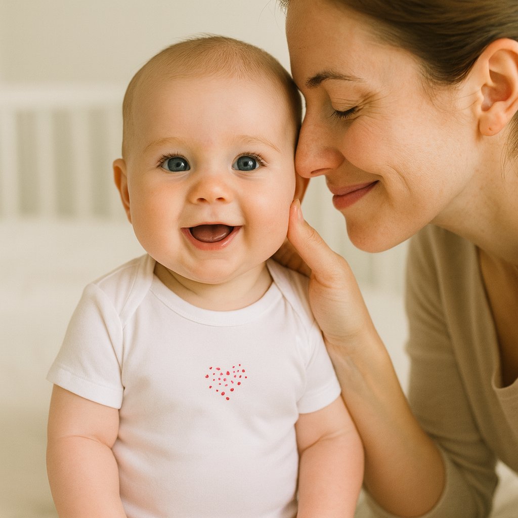 Baby trägt weißen Name it Kurzarm-Body mit Herz-Print und kuschelt mit Mama – atmungsaktive Baumwolle, Größe 56; bequem für Alltag und Spielzeit.