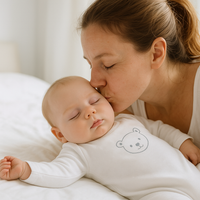 Schlafendes Baby im weißen Name it Langarmbody mit Bärchen-Print, Mutter gibt einen liebevollen Kuss; kuschelige Baumwolle, hautfreundlich und alltagstauglich in Größe 68 cm – perfektes Basic für den Alltag.