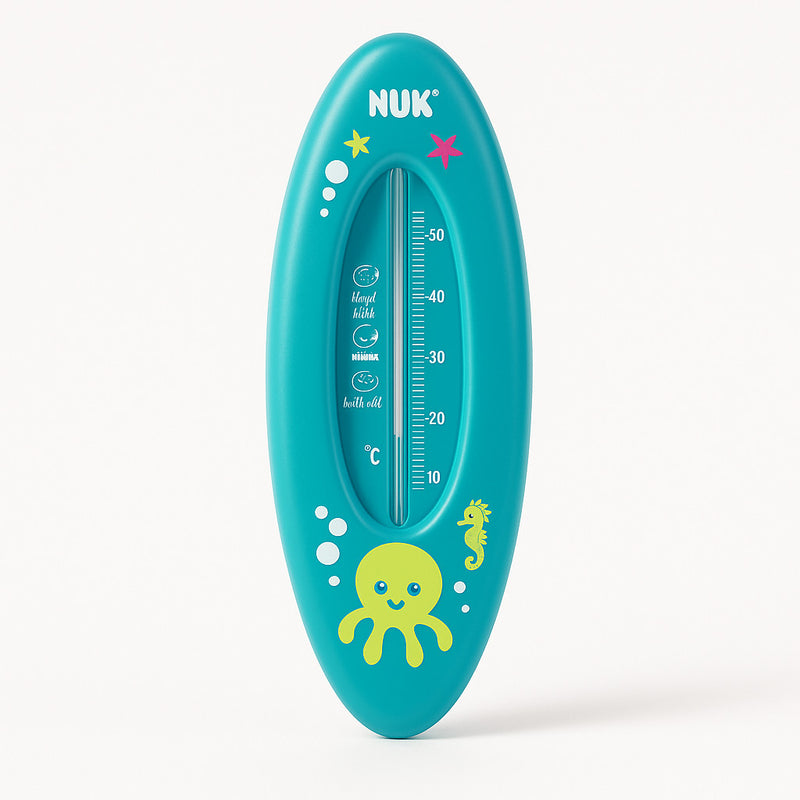 NUK Baby Badethermometer in Blau mit rapsölbasierter, ungefährlicher Messflüssigkeit, bruchsicher und formstabil, Made in Germany; misst zuverlässig die Badewassertemperatur für Babys – fröhliches Wasserwelt-Design mit Oktopus und Seepferdchen.