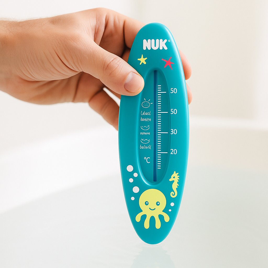 Blaues NUK Baby Badethermometer im Einsatz, von einer Hand über der Badewanne gehalten; sichere rapsölbasierte Messflüssigkeit und bruchsicheres Gehäuse – hilft Eltern, die richtige Wassertemperatur für Neugeborene und Babys zu kontrollieren.