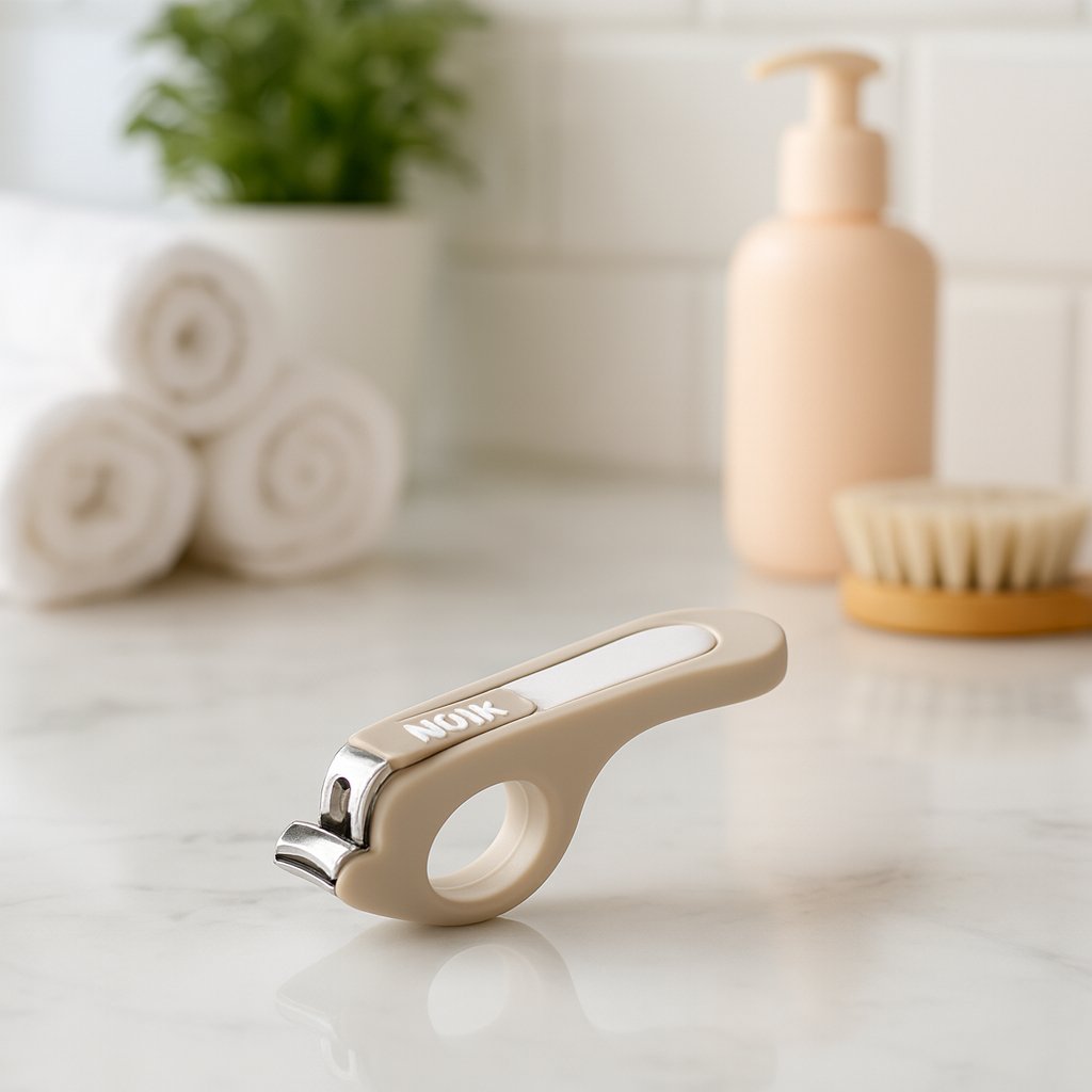 Beige NUK Baby-Nagelknipser mit Fingerring und rutschhemmender Auflage liegt im Bad-Ambiente; abgerundete Schnittflächen und integrierter Nagelauffang für saubere, sanfte Babynagelpflege – ideal für Babyerstausstattung und als Geschenk zur Geburt.