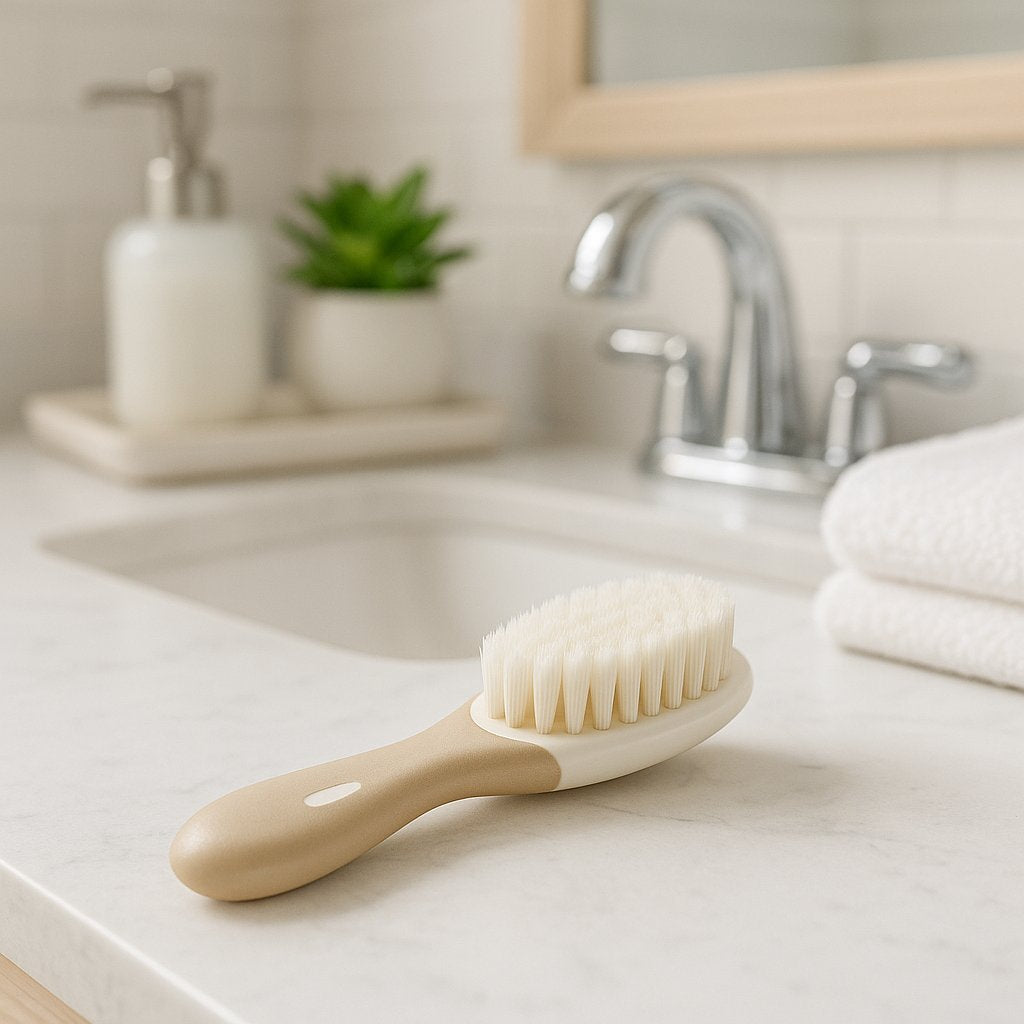 Beige NUK Babybürste mit weichen Nylonborsten liegt im Bad-Ambiente – sanfte Pflege für Babys, praktisches Pflegetool für frischgebackene Eltern, tolles Geburtsgeschenk und Ergänzung für die Baby Box.