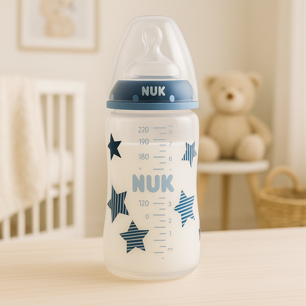 NUK Babyflasche 300 ml mit blauem Ring und Sternen im gemütlichen Kinderzimmer-Ambiente; mit Milch gefüllt – leicht, robust und alltagstauglich, ideal für frischgebackene Eltern und die Baby Box.
