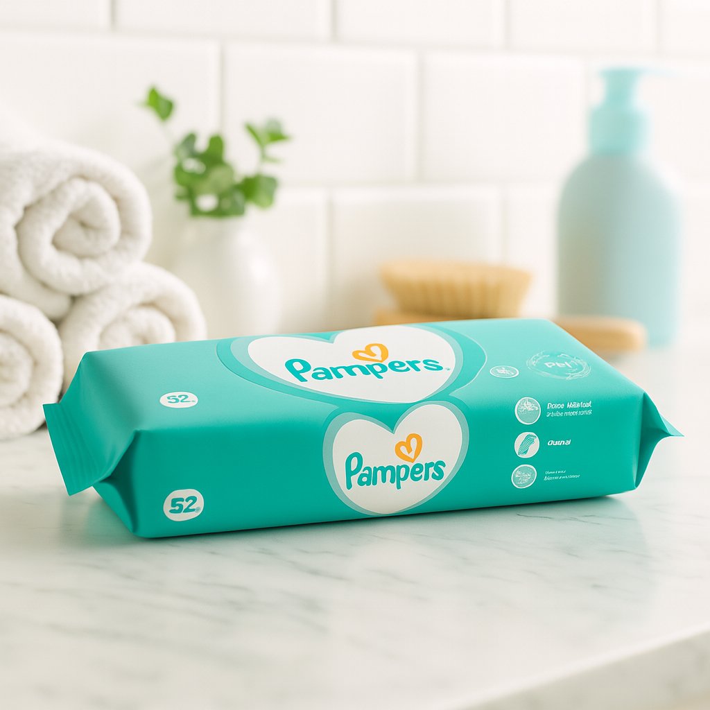 Pampers Sensitive Feuchttücher auf der Badablage – parfümfreie Babypflegetücher, hautfreundlich und pH-neutral; praktisch für das Wickeln zu Hause und unterwegs, schönes Geburtsgeschenk.