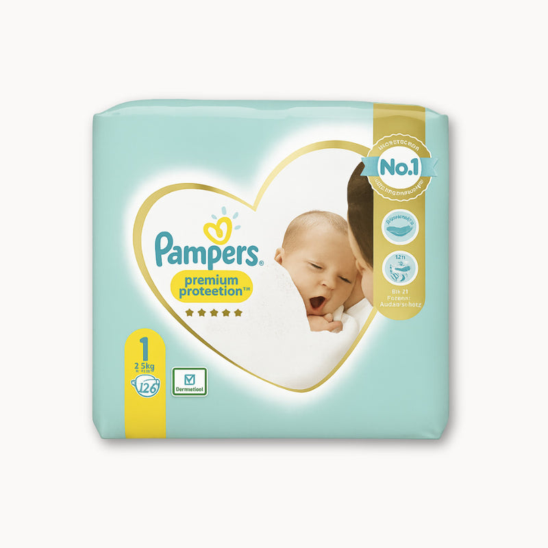 Pampers Premium Protection Babywindeln, Größe 1 – sanfte, saugfähige Einwegwindeln im unisex Design; weiche Bündchen für bequemen Sitz, ideal für die Erstausstattung von Neugeborenen; Verpackungsversion je nach Variante.