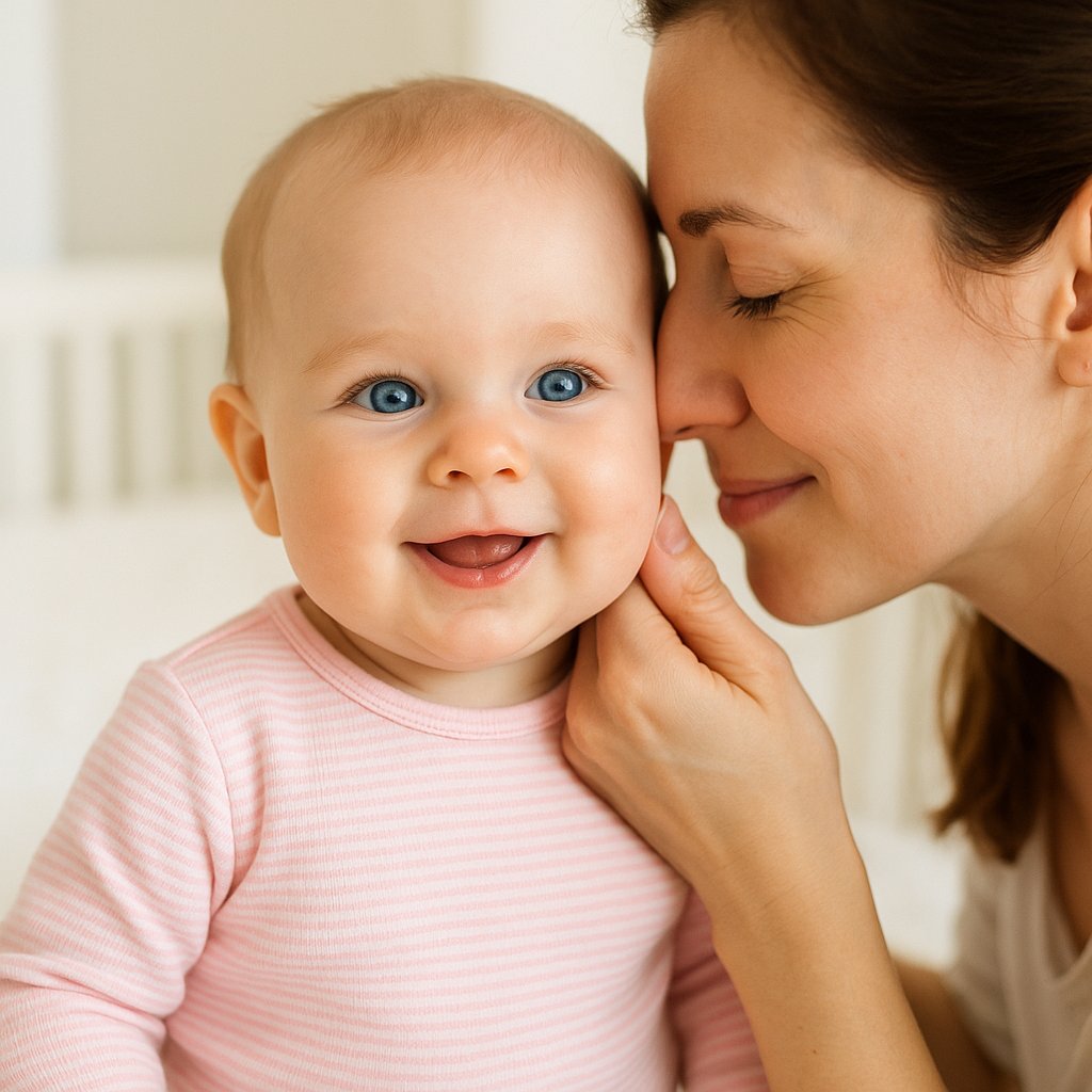 Baby auf dem Arm trägt rosa gestreiftes Pippi Langarmshirt (60 cm) – komfortables Basic aus Baumwollmix für den Alltag; Geschenk zur Geburt und Erstausstattung.