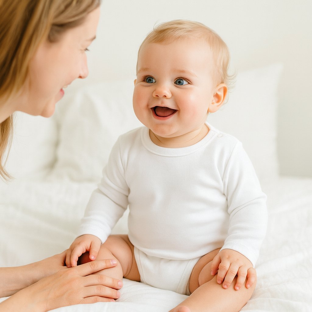Lächelndes Baby im weißen Pippi Langarmshirt (60 cm) sitzt auf dem Bett – weiches Baumwollshirt, vielseitig kombinierbar, schönes Geburtsgeschenk.