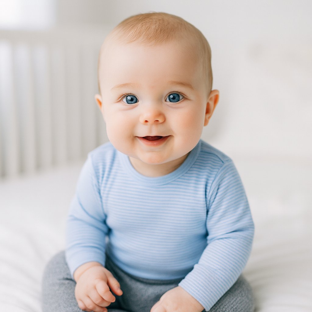 Sitzendes Baby im blau gestreiften Pippi T-Shirt (60 cm) – bequemes Langarmshirt, Geschenk zur Geburt für Jungen & Mädchen.