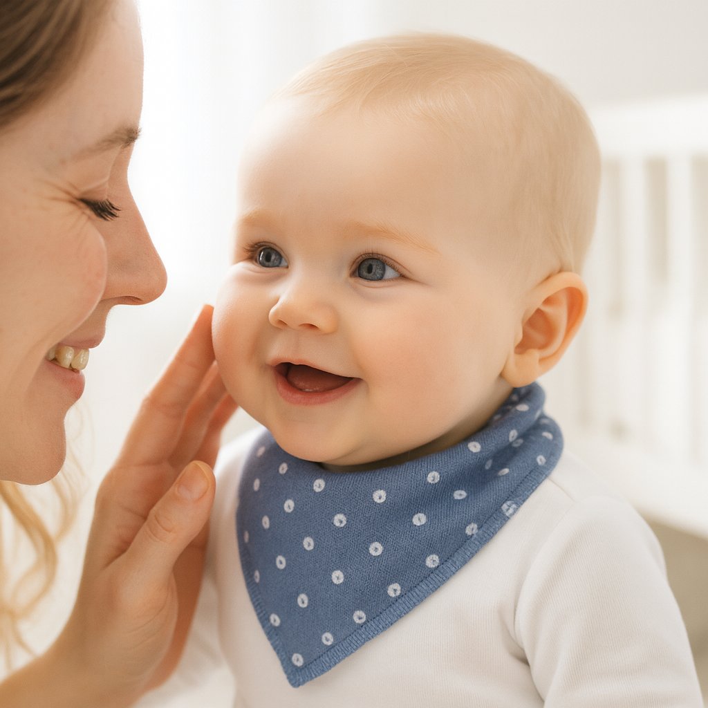 Baby mit Mama trägt blaues Pippi Halstuch mit Punkten – kuscheliges, praktisches Dreieckstuch für unterwegs; passt lange mit, Baby Box & Geburtsgeschenk.