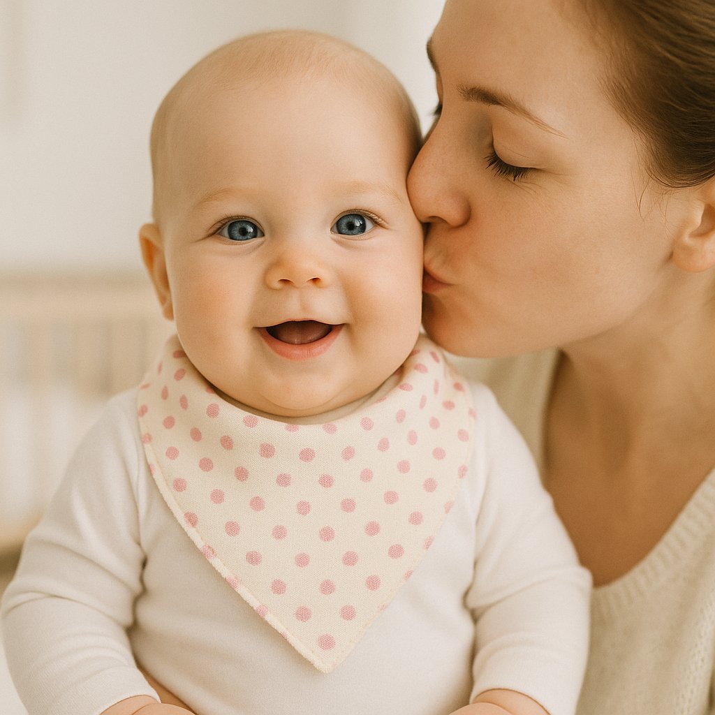 Baby trägt gelb/rosa Pippi Halstuch mit Punkten, verstellbar und weich – alltagstaugliches Accessoire für die Baby Box und unterwegs.